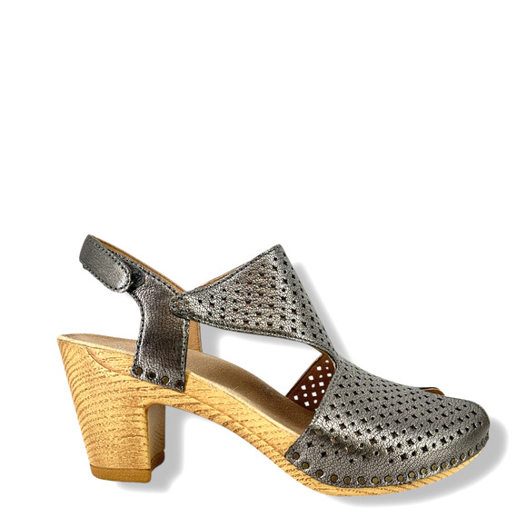 Dansko Teagan Silver Gunmetal Open Peeptop Heels Sandals Size 41 10.5 11 Block - Picture 3 of 10